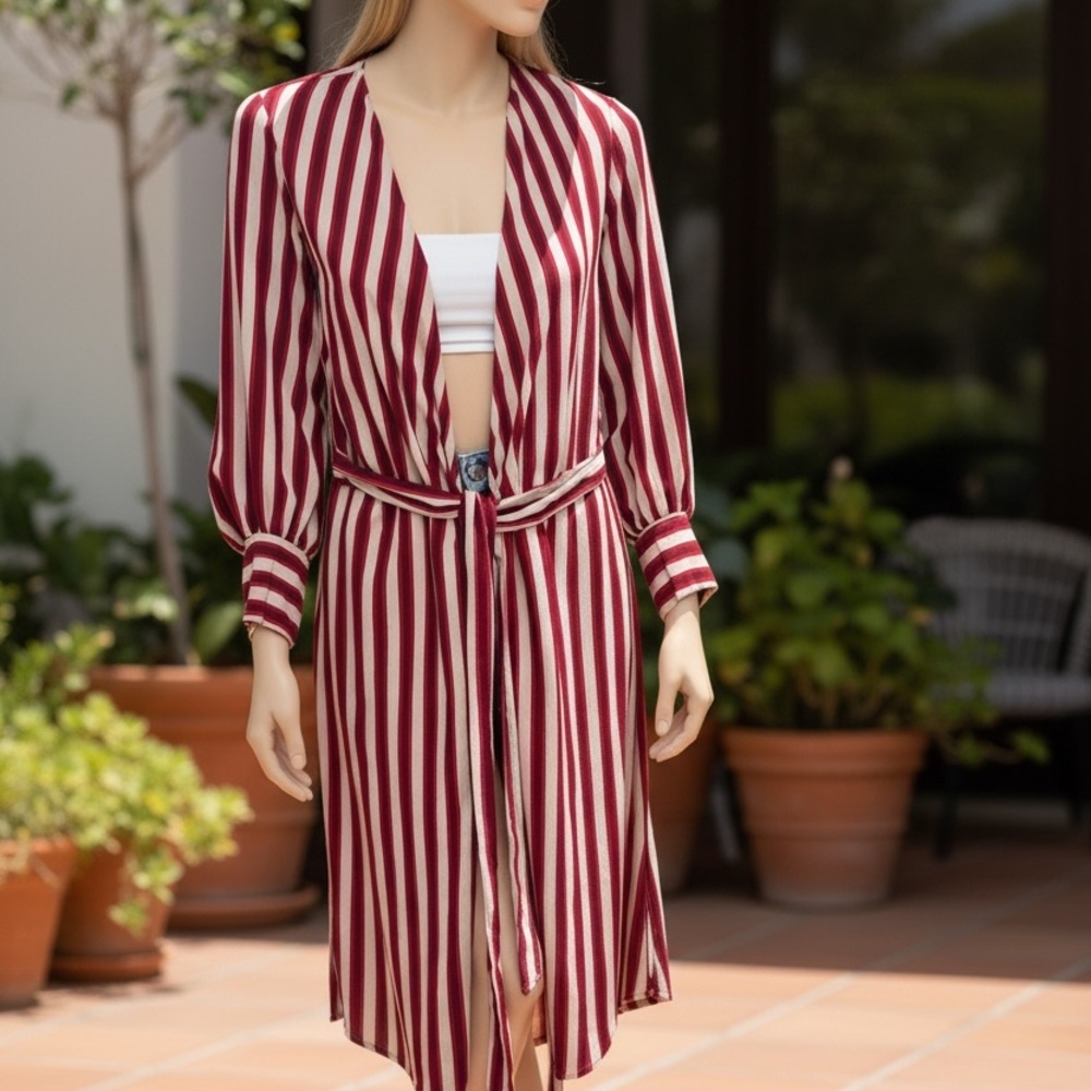 Zara Woman Striped Burgundy & Cream Kimono Wrap Duster Belted Longline Cover Up